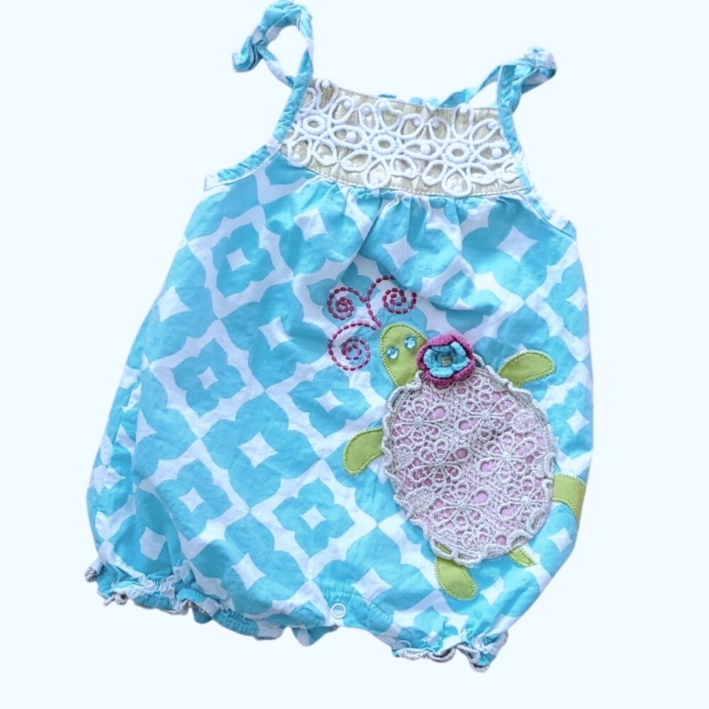 Mud Pie Girls Aqua‎ Blue Turtle Romper Size 9-12M
